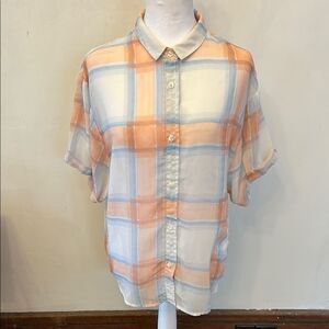 Splendid Orange and Blue Plaid sheer Button-Up blouse Size M EUC